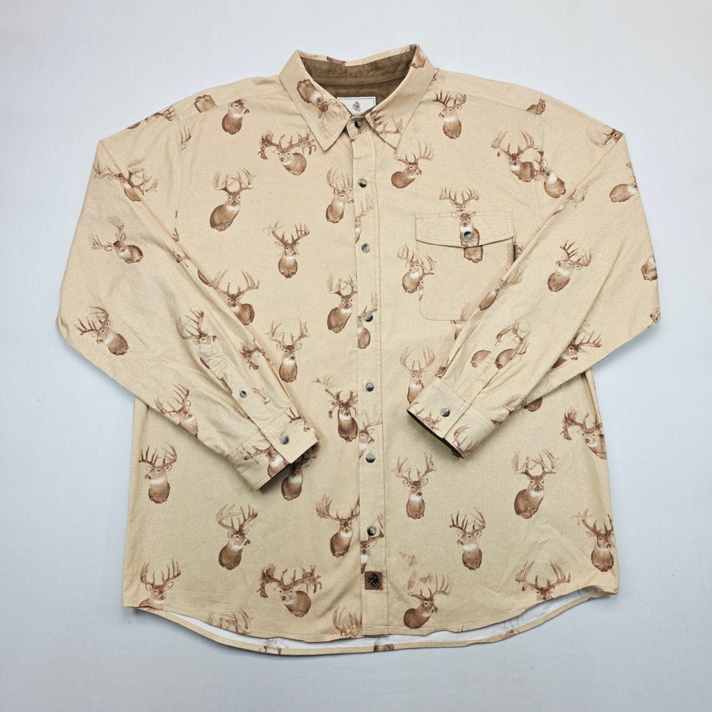 Legendary Whitetails Men XL Tan Buck Deer Print Long Sleeve Button Down Shirt